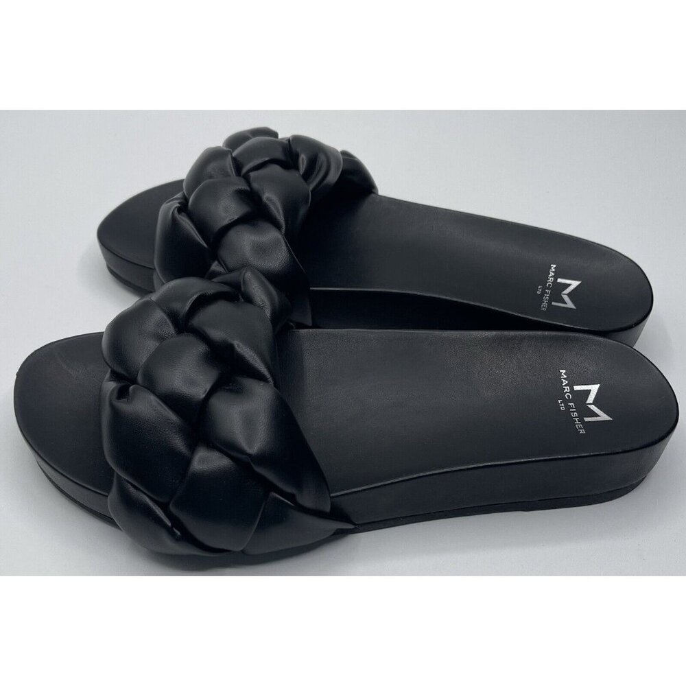 Marc Fisher Sandals Size 7 M Black Weave Faux Leather Flat Slide On